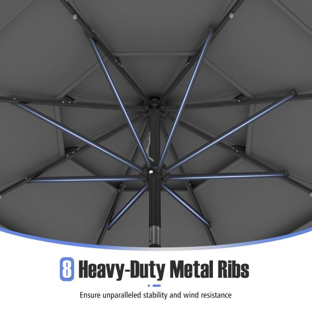 Parasol de terrasse Coast à 3 couches, Ø 313 cm - Éclairage LED solaire - Inclinable - Commande à manivelle - Gris