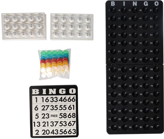 Machine à bingo noire avec plateau de jeu, cartes de bingo et jetons