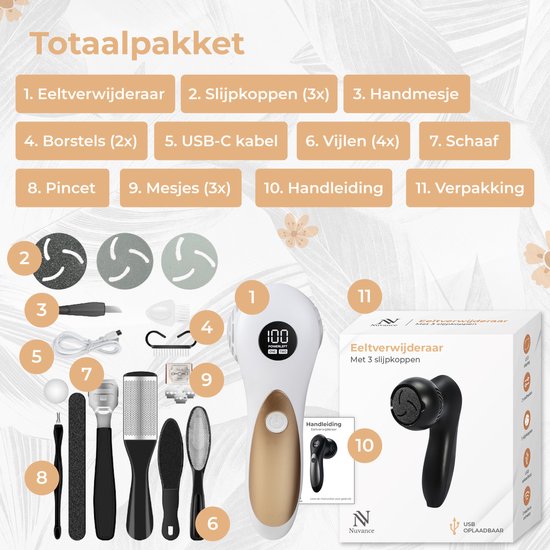 Appareil électrique Nuvance pour éliminer les callosités - 3 disques inclus - Appareils pour éliminer les callosités - Kit de pédicure 12 pièces - Lime à pieds - Rechargeable par USB - Blanc
