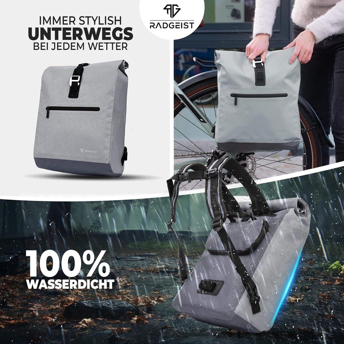 RADGEIST sac à vélo pour porteur I sac à vélo & sac à dos I sac à vélo pour femmes & hommes I sac à bandoulière & sac à vélo pour vélo 20L gris