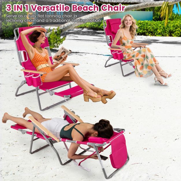 Chaise de plage pliable Coast 66 x 149 x 56 cm - 3-en-1 - Repose-pieds/ouverture au niveau du visage - Rouge rose