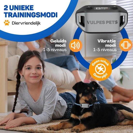 Vulpes Goods® Collier anti-aboiement MAX - Collier d'éducation sans choc - Dispositif anti-aboiement pour petits et grands chiens - Imperméable - Rechargeable - Vibration et Audio - 3 colliers supplémentaires