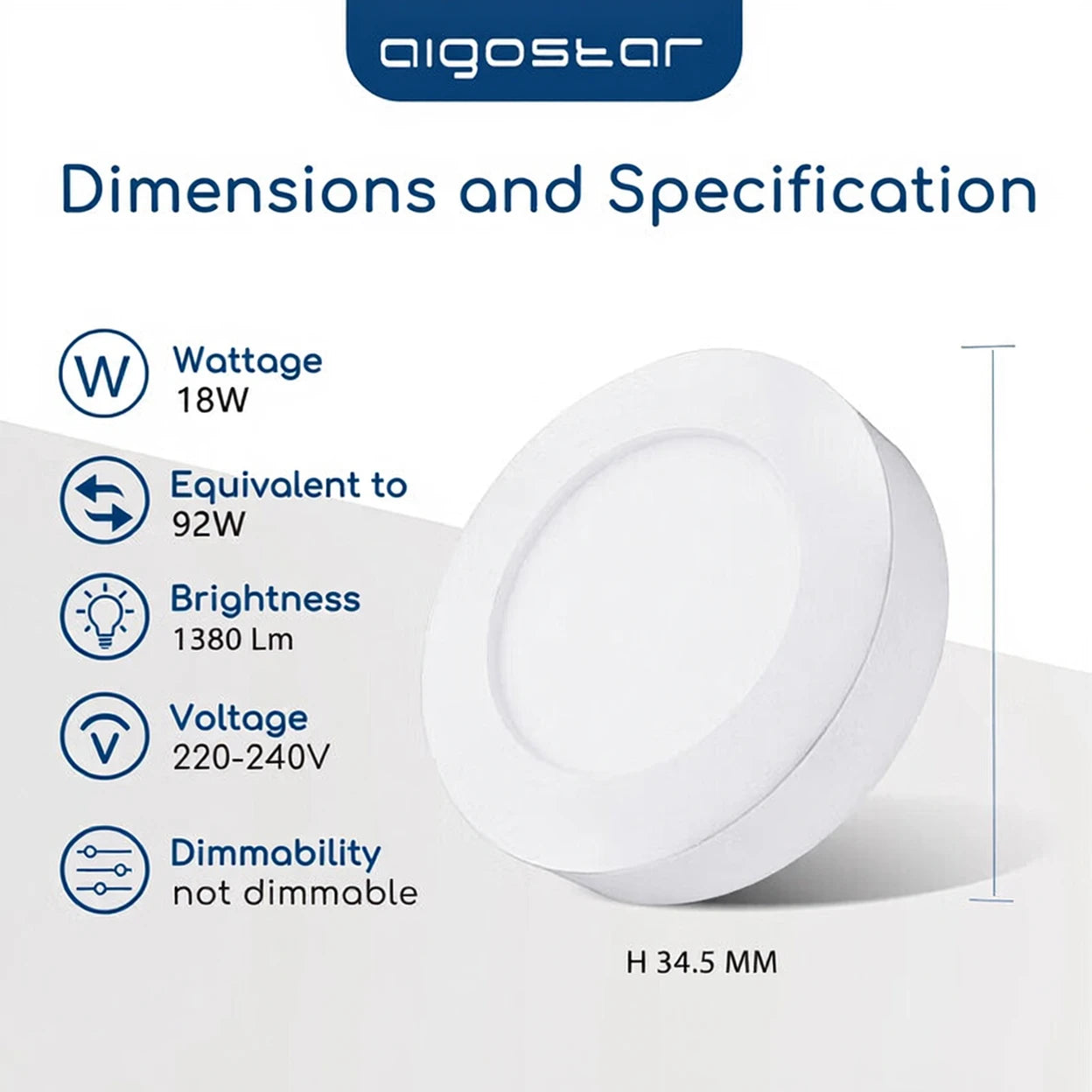 Aigostar E6 Downlight LED apparent rond - 18 W - 1 880 lm - 6 000 K lumière du jour - Ø 22,6 cm - hauteur 3,45 cm - blanc