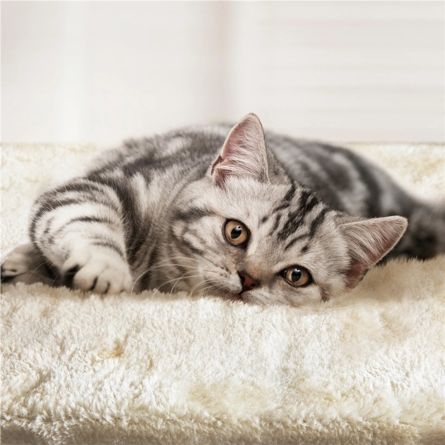 Yaheetech Scratch Post avec 3 niveaux - équipé de poteaux en sisal, d'un panier pour chat, d'un hamac et d'une balle en peluche amovible - pour les chats de petite et moyenne taille - panneau de particules E1 et peluche beige - 51 x 34,5 x 87 cm