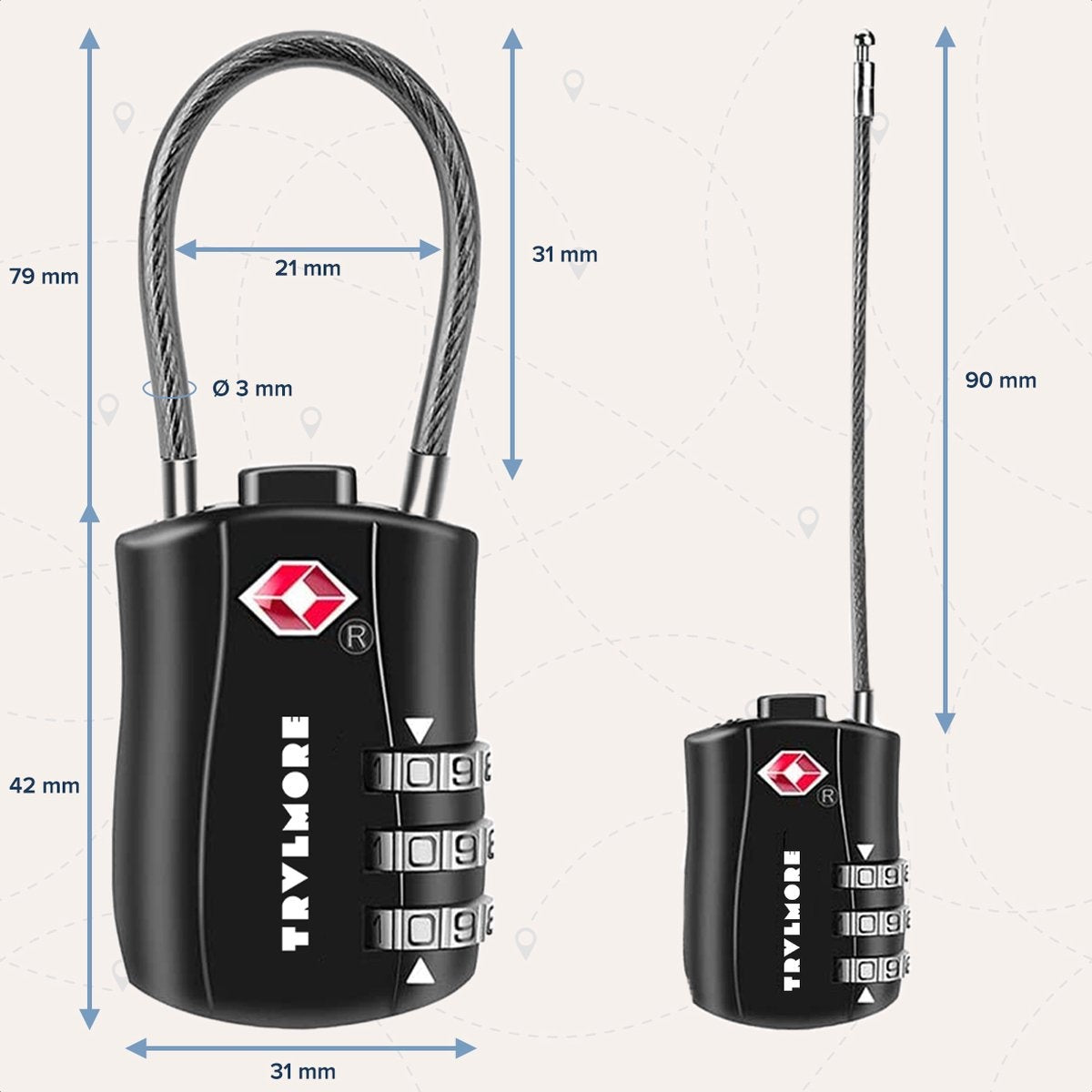 TRVLMORE Serrure de valise - Serrure de voyage TSA - Cadenas - 3 chiffres - 4 pièces - Noir