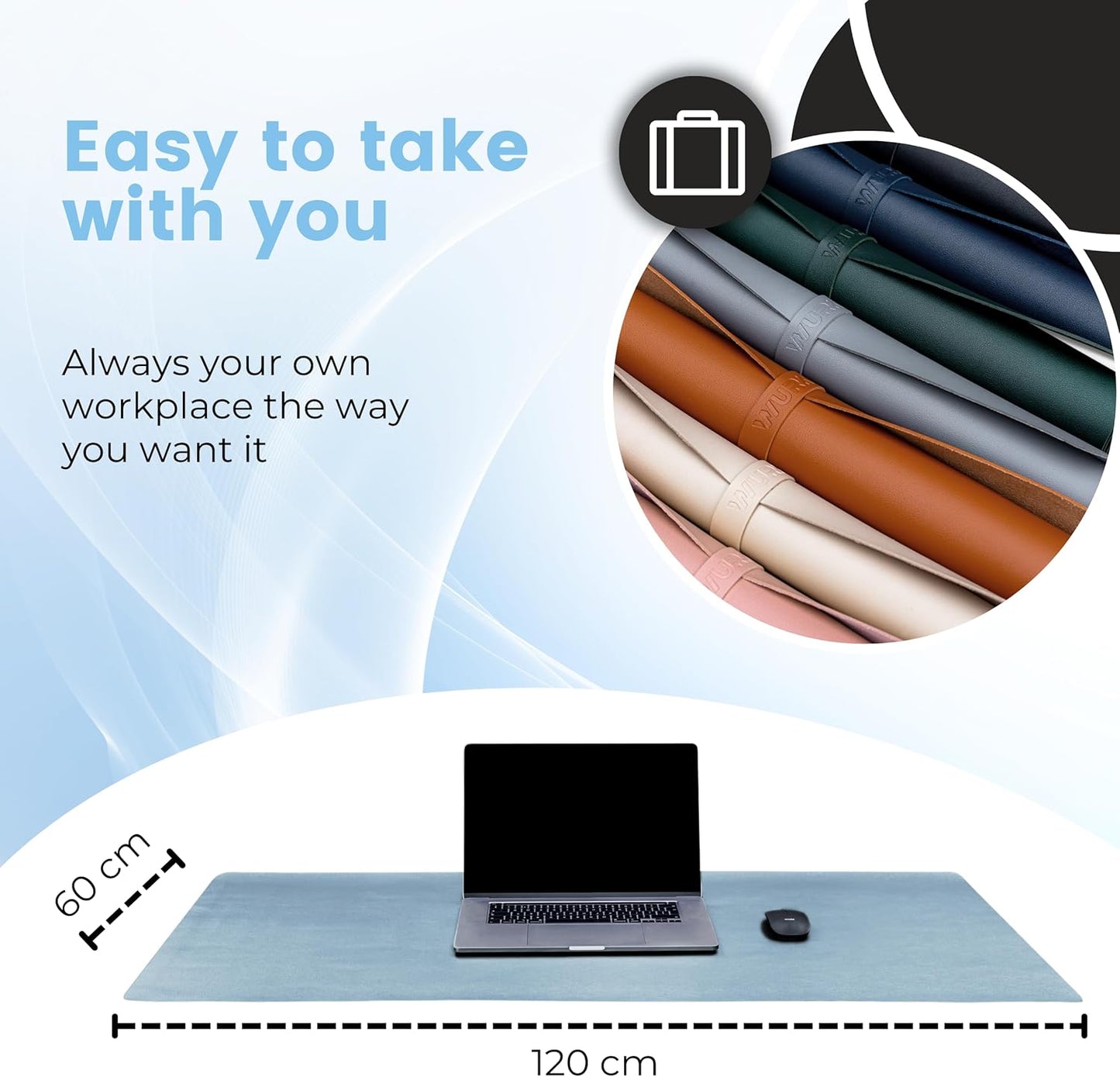 Wurk Premium Sous-main - 90 x 43 cm - Cuir PU - Antidérapant - Bleu clair