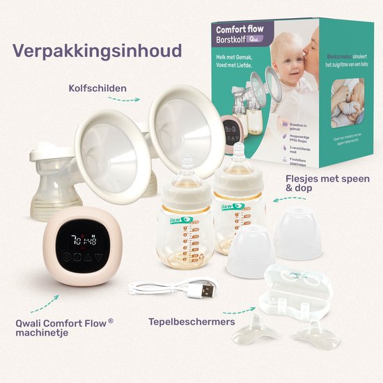 Tire Lait électrique - Qwali - Double - Sans BPA - avec 2 biberons - tire-lait sans fil