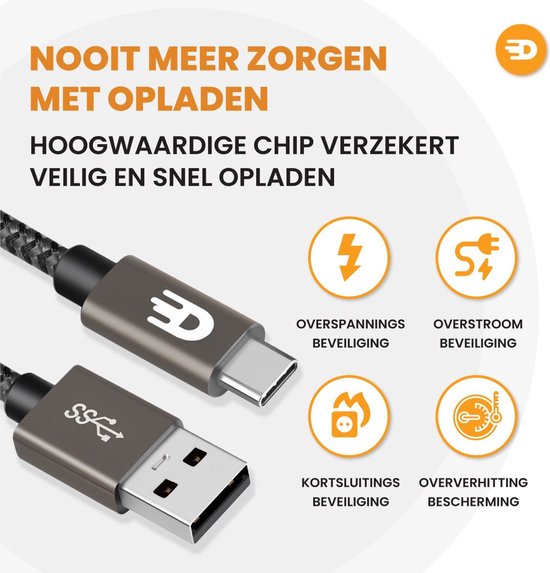 Drivv. Câble USB vers USB C - Chargeur rapide - Câble de données et de charge USB C - Court - 1 mètre - Convient à Samsung, iPhone 15 et autres - Gris moderne