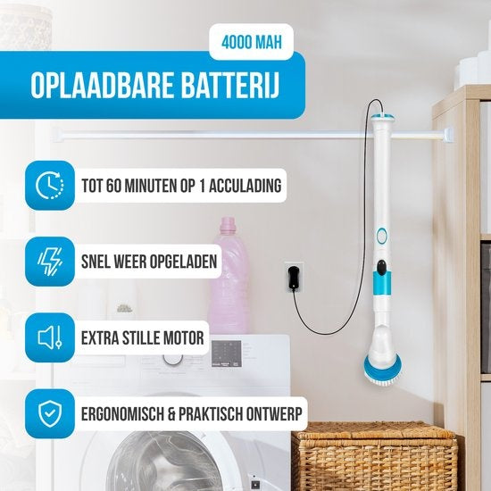 Brosse à récurer électrique Strex - Sans fil - 3 accessoires - Manche télescopique