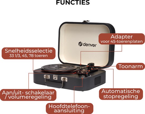Denver Record Player - Haut-parleurs et amplificateur intégrés - Logiciel PC inclus - Auto-stop - Retro - VPL130