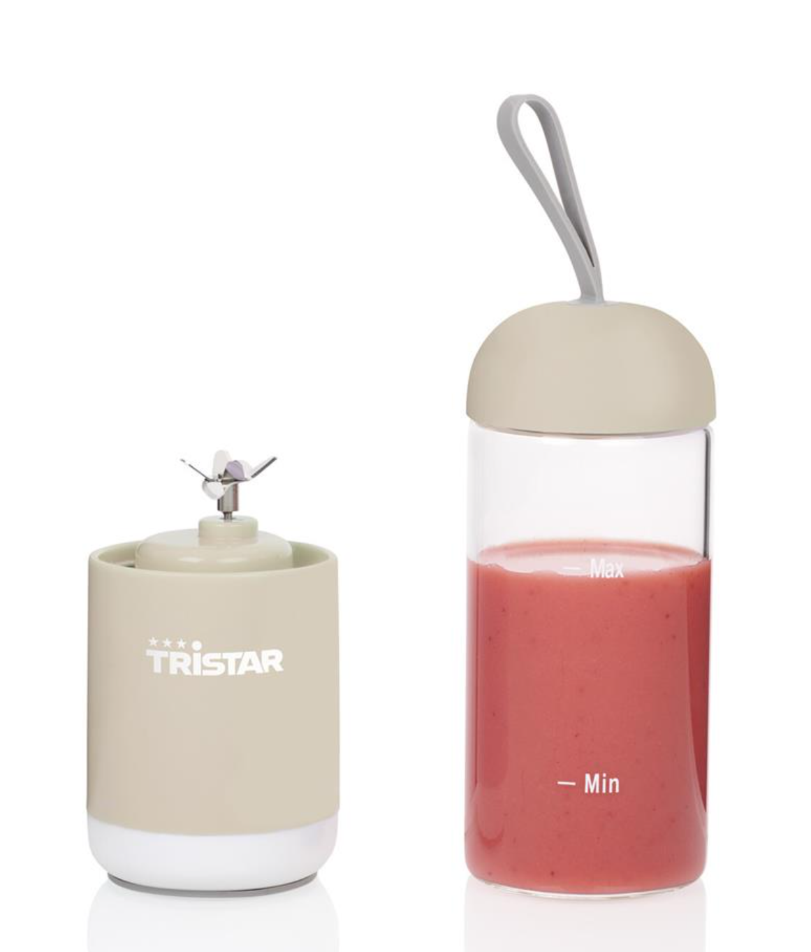 Mini-mixeur Tristar « To Go » - Mixeur à smoothies portable - Rechargeable par USB - Bol en verre de 280 ml - Beige