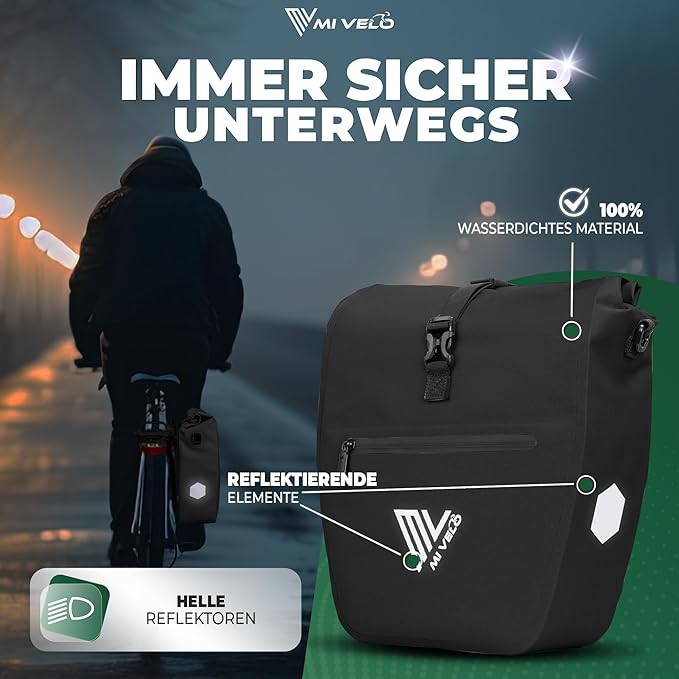 MIVELO Pannier - Imperméable & Incl. Compartiment pour ordinateur portable & Bandoulière - 20 litres - Noir