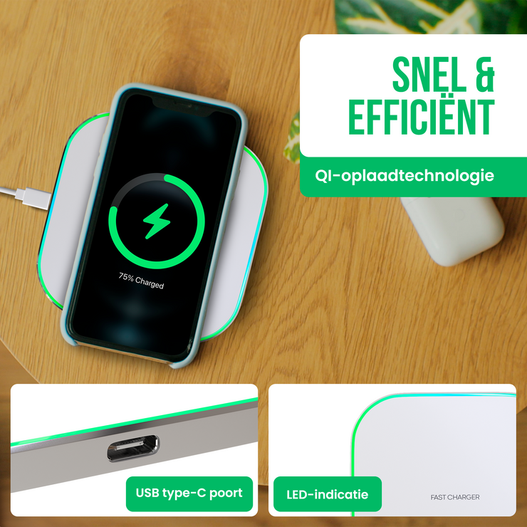 Strex Wireless Charger 15W - Câble inclus - QI Fast Charger - Chargeur sans fil - Chargeur rapide - Indication LED - Blanc