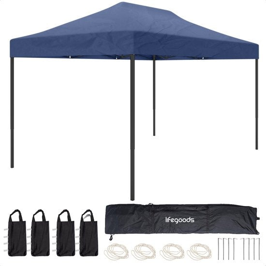 Tente de réception, LifeGoods, 3x4.5 m, Facile à monter, Pliable, Imperméable - Sac de transport à roulettes - Bleu foncé