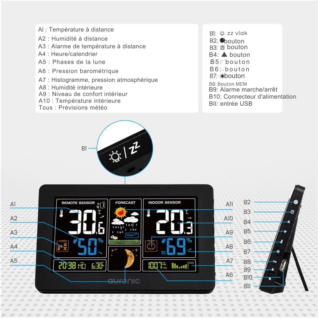 Station météo - Auronic - Sans fil - Intérieur et extérieur - avec capteur - Portée 60M - Noir