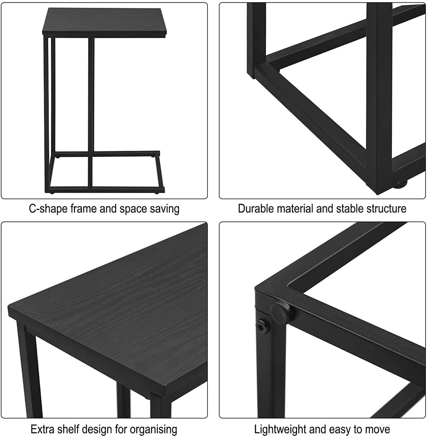 Woltu Table d'appoint en forme de C - Métal industriel et bois - 45 x 25 x 63,6 cm - Noir