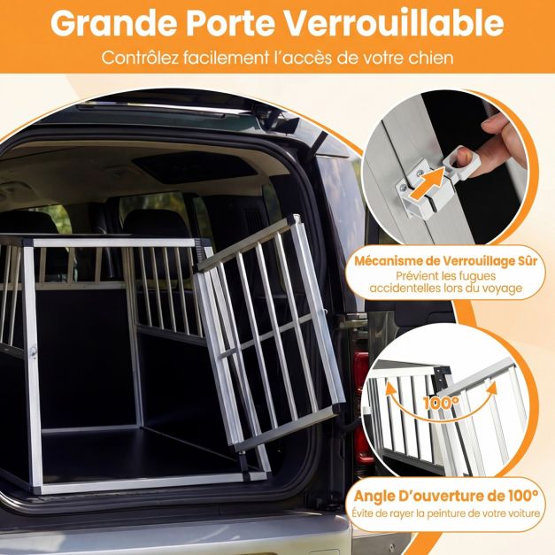 Niche pour chien Coast - Aluminium - 91 x 65 x 69,5 cm - Valise de transport - Cloison - Trapèze - Argent & Noir