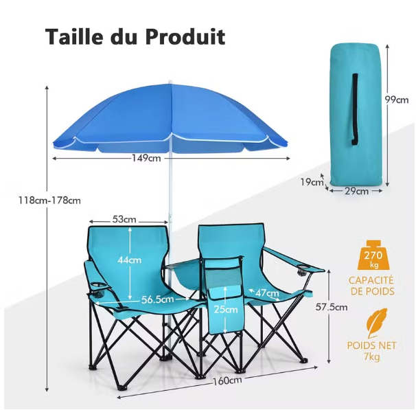 Chaise pliante d'extérieur avec parasol Bleu - Métal - 118 x 149 x 160 cm