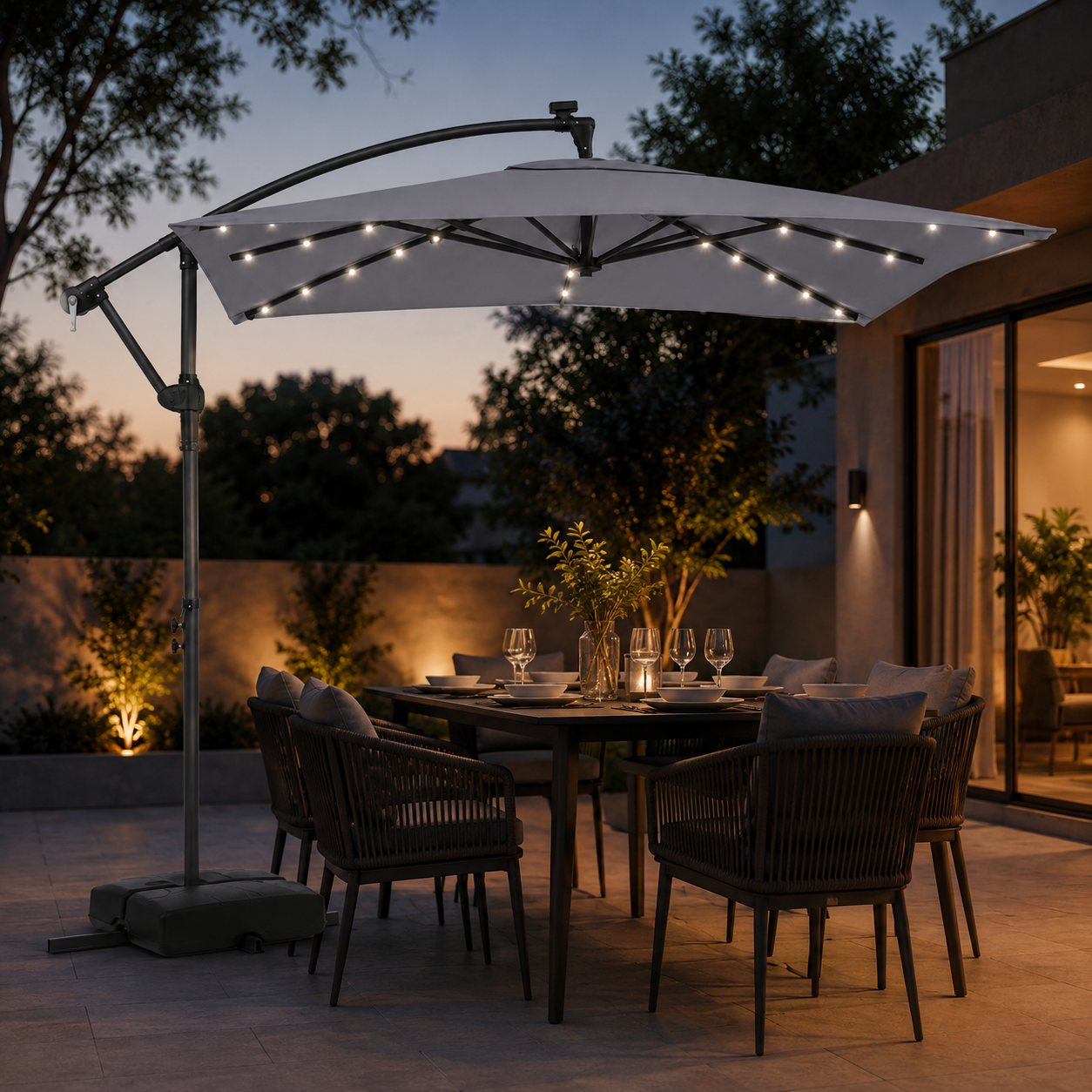 Parasol flottant Coast Grey - Parasol de jardin rotatif à 360° avec LED, pendule et sacs de sable - 250 x 250 x 240 cm