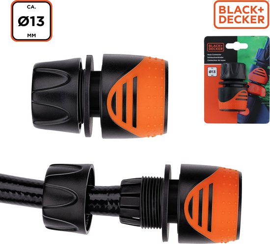 BLACK+DECKER Coupleur de tuyau d'arrosage 1/2'' - Tuyaux d'arrosage ⌀13mm - Plastique - Noir/ Orange