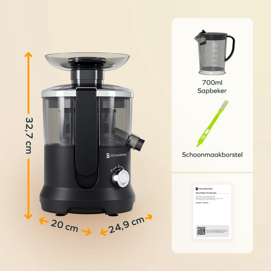 KitchenBrothers Extracteur de jus - Pour légumes et fruits - Extracteur de jus - Avec récipient à pulpe - 500ml - 600W - Noir