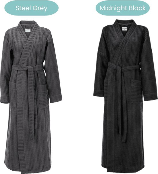 Heckettlane Peignoir gaufré - robe de chambre pour femmes et hommes - L - Manteau du matin en coton - Convient pour le sauna - Gris
