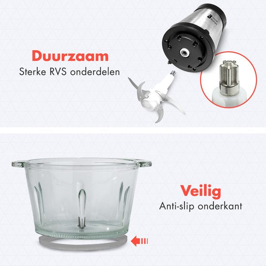 KitchenBrothers Chopper - Hachoir électrique - 2 vitesses - 300W - 1.8L - Bol en verre