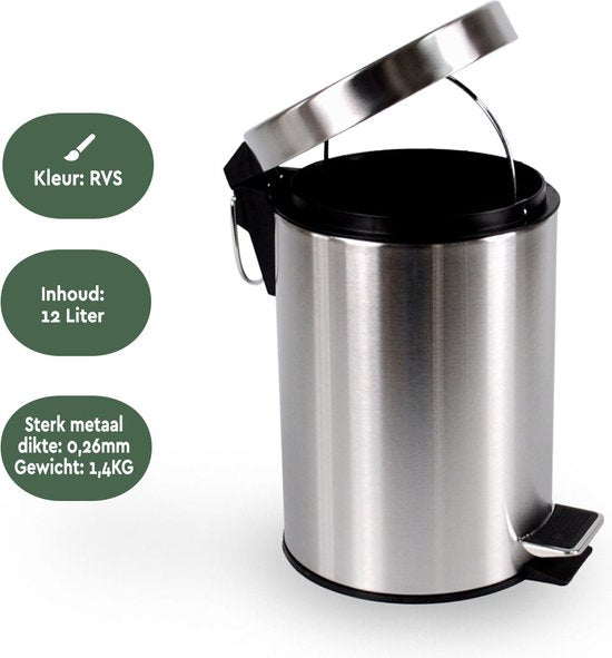 BRASQ Poubelle à pédale 12 litres - acier inoxydable - PB112 - Poubelle à pédale amovible - Poubelle - Corbeille à papier - Poubelle - Salle de bains ou toilettes