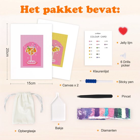 Rubye® Mini peintures diamantées - 2 pièces - Adultes - Peinture diamantée enfants - Set - Cocktails - 15x20cm