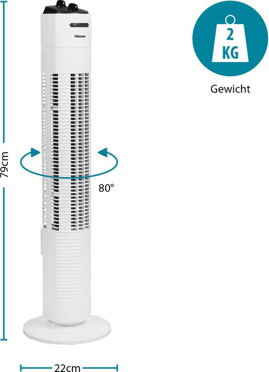 Ventilateur de tour 79 cm - 3 vitesses - Fonction minuterie - Oscillant - Silencieux et compact - Tristar VE-5806 - Blanc