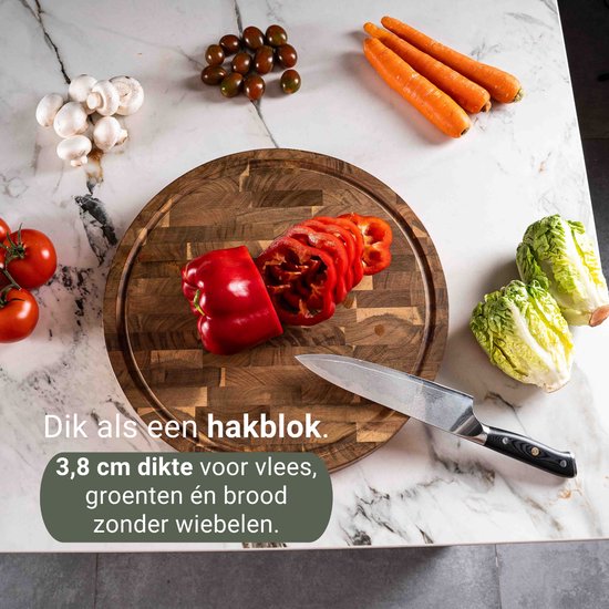 VDN Professional Cutting Board Round Acacia Wood with Juice Trench and Handles - Anti-slip Chopping Board with Holder Set - Chopping Block Headwood Ø 38 x 3.8 CM