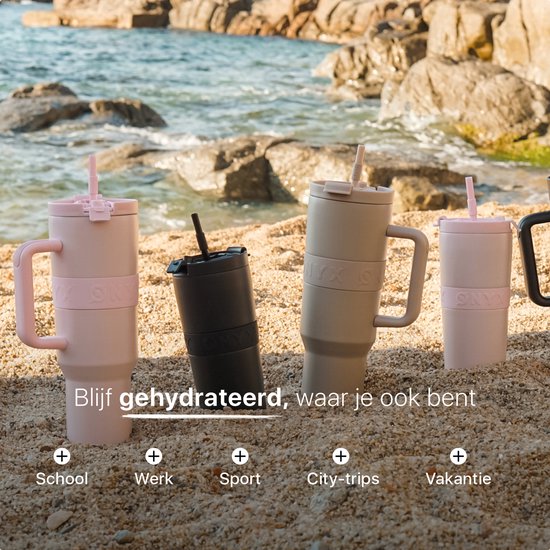 ONYX Bouteille à boire avec paille 1 litre - Bouteille d'eau pour enfants et adultes - Mug Thermos Mug de voyage en acier inoxydable - Buvette de motivation - Tasse à boire pour l'école - Rose bonbon