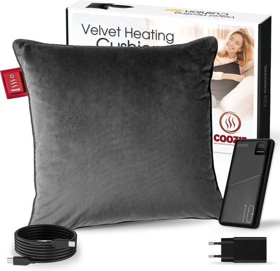 Coozie Heat Pillow Grey Velvet - Rechargeable électriquement - Oreiller chauffant sans fil - 45 x 45 cm