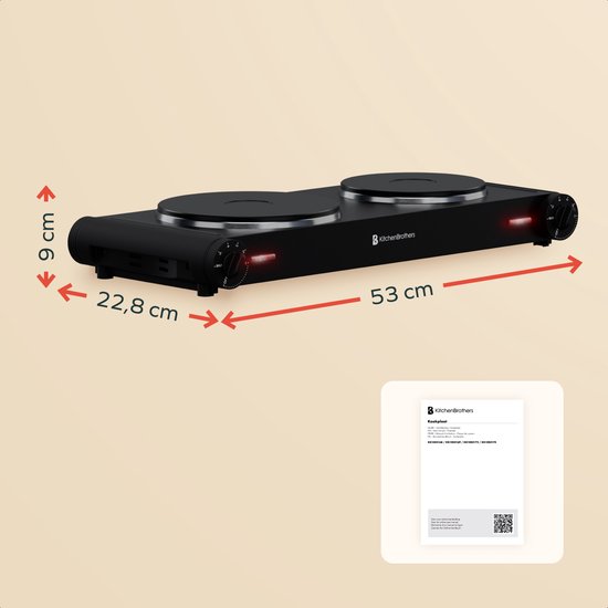 Table de cuisson électrique KitchenBrothers - 2 brûleurs - pose libre - 7 réglages de température - 1500W + 1000W - Noir