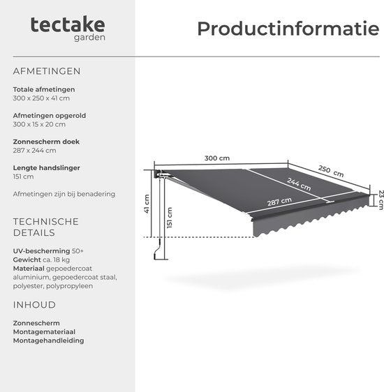 tectake® Sunshade with Articulated Arm - 300 x 250 cm - Store - Protection solaire pour fenêtre, balcon, extérieur - Fixation murale - Résistant à l'eau et aux UV - Gris foncé
