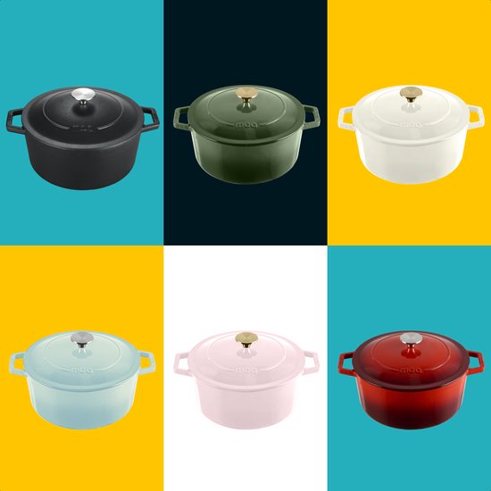 MOA Casserole en fonte - 5,7L - Pour toutes les sources de chaleur y compris l'induction - Avec couvercle - Ø 26cm - Revêtement antiadhésif - Blanc