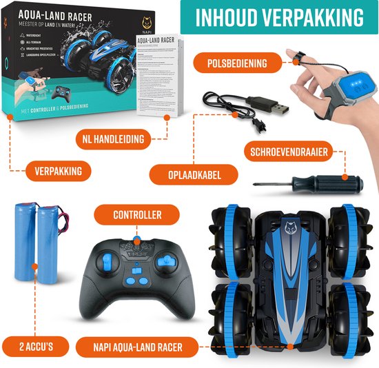 NAPI Controlled Car All-Terrain - RC Car with 2 Batteries - Waterproof - Toy Cars Boys - Outdoor Toys - Race Car/Boat Land & Water - 1.5h Fun - Radiographic - Aqua-Land Racer