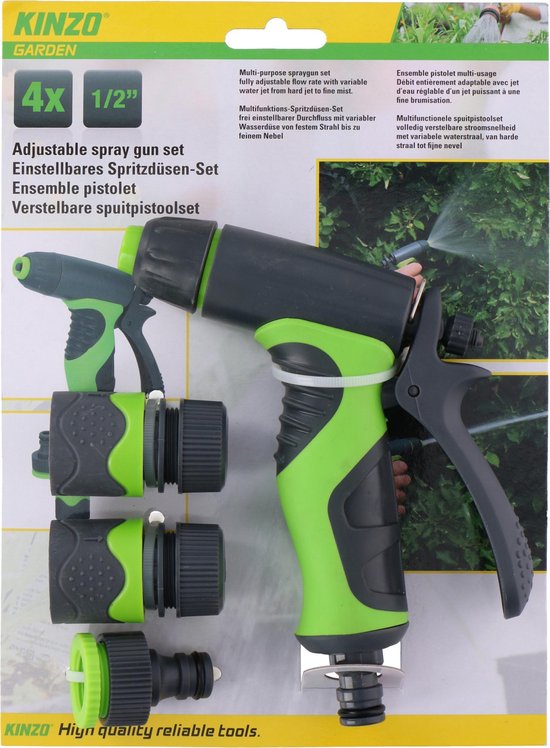 Kinzo 4-Piece Spray Gun Set - Incl. 3 Connectors for Garden Hose - 8 Spray Stages - Soft-Grip Handle - Green/Grey