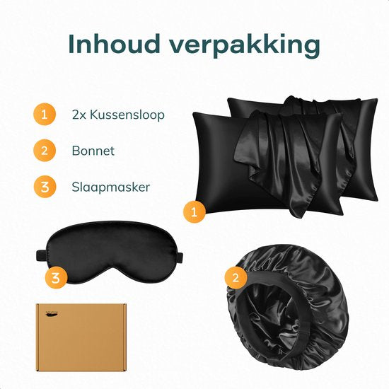 Ensemble de taies d'oreiller en satin - 50x70 - bonnet et masque de sommeil inclus - Noir - Satin - Soie - Beauté - Soie - Douce - Satin - Soie de noix