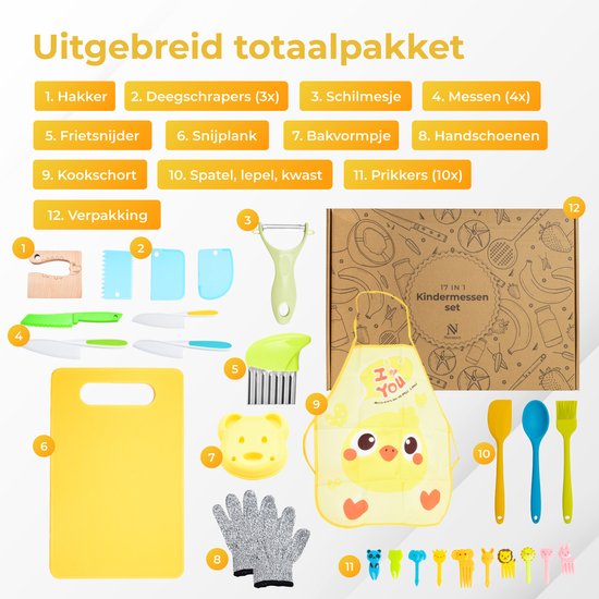 Nuvance - Set de couteaux pour enfants - Set de cuisine 17 pièces - Kiddikutter - Couverts pour enfants avec planche à découper, couteau à éplucher, couteau pour enfants, coupe-frites et tablier de cuisine - Kiddicutter - Cuisine pour enfants - Ustensiles