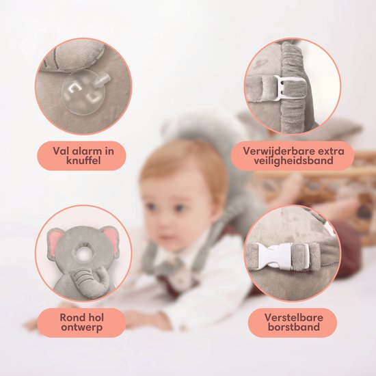 Vulpes Goods® BabyCare - Coussin de tête pour bébé - Oreiller de sécurité pour bébé - Sac à dos pour les chutes - Respirant en 3D - Apprendre à marcher en toute sécurité - Éléphant