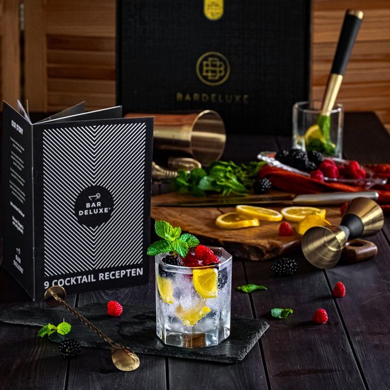 BarDeluxe® Cocktail Set - 3 pièces 750 ml Cocktail Shaker with Jigger & Stamper - Includes Dutch Recipe Book - Luxury Gift - Gold
