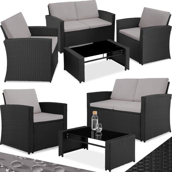 tectake® Ensemble de jardin en osier pour 4 personnes - Banc de jardin 2 places et 2 chaises de jardin - Table avec plateau en verre amovible - Coussins d'assise et de dossier confortables - Ensemble de salon pour jardin, terrasse, balcon - Noir