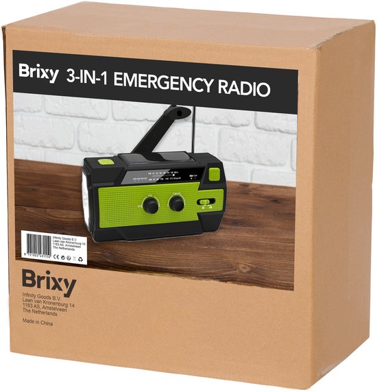 Radio d'urgence Brixy - Radio avec batterie pour les urgences - 5000 MAH - rembobinable - solaire - lampe de poche - Powerbank - vert