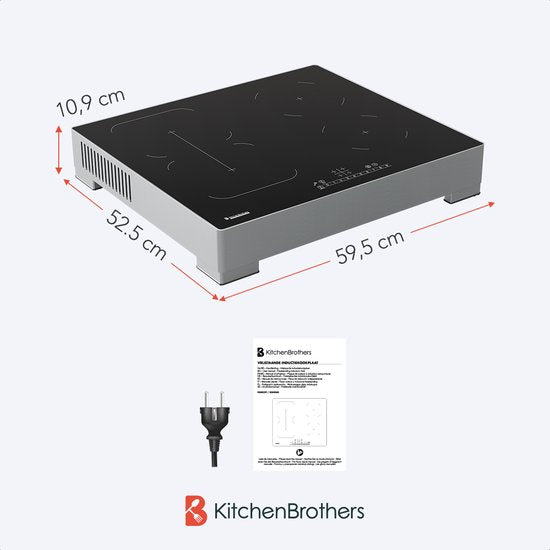 Plaque de cuisson à induction KitchenBrothers - Plaque de cuisson à induction autoportante - 60 cm - 4 zones - 1x Flexzone - 1 phase - Jusqu'à 3500W - Argent/RVS
