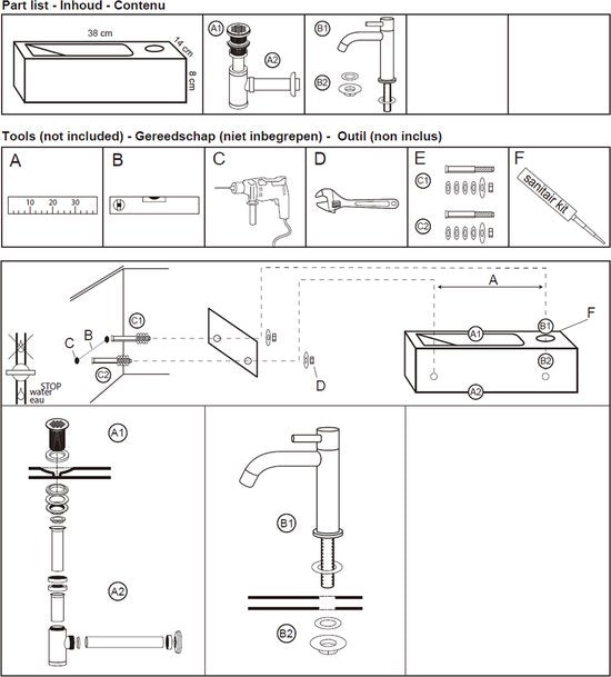 Differnz Fontaine Luxor - Evier en pierre naturelle - Noir - Robinet courbe - Chrome - Poignée standard - 38 x 14 x 8 cm