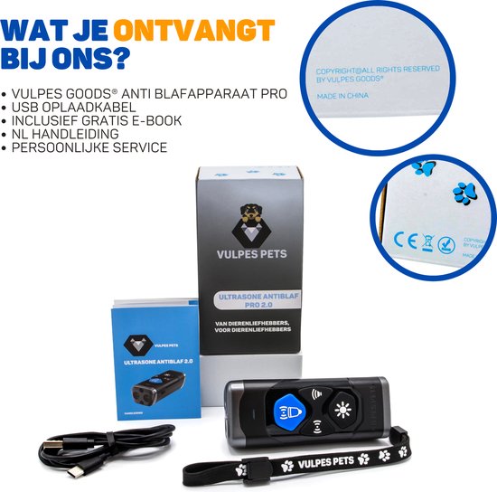Vulpes Goods® Dispositif anti-aboiement à ultrasons - Dispositif anti-aboiement 4-en-1 Max - Sans choc - Collier anti-aboiement alternatif - pour petits et grands chiens - Audio - Lampe de poche - Lampe de poche - Rechargeable par USB