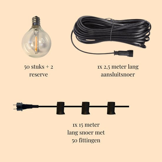 une journée ensoleillée Guirlande lumineuse extérieure - Comprend 50 grandes ampoules LED - 15 mètres - Lumière blanc chaud - Cordon à piquer - Guirlande lumineuse intérieure - Cordon à piquer extérieur - Eclairage LED extérieur - Guirlande lumineuse jard