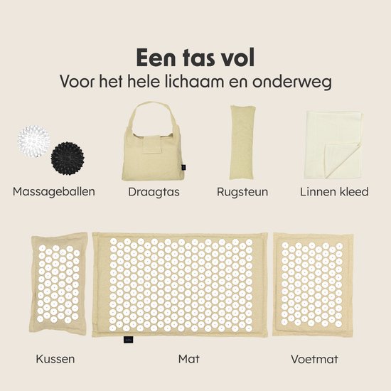 LifeGoods Acupressure Mat Eco - Set complet - Coussin / Sac de transport / 2x Trigger Point Ball - Shakti mat - Nail Mat - 72x43x2cm - Beige/White