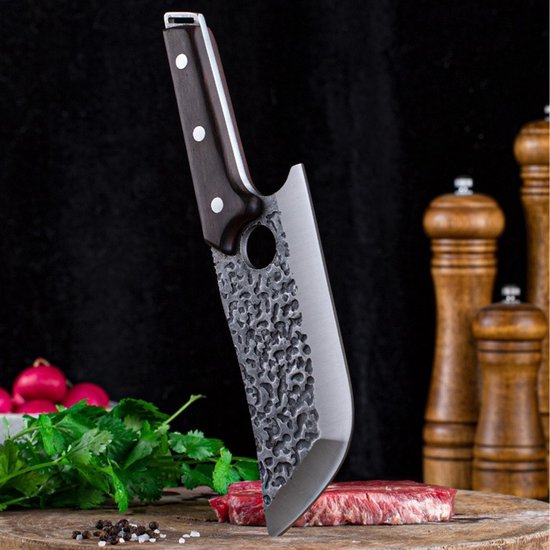 Couteaux T&M Couteau à découper martelé avec trou laser - Couteau de cuisine - Couteau à viande - Tranchant comme un rasoir - Etui en cuir et boîte cadeau de luxe